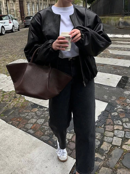 Sarah Express Women's Zip Up Leather Bomber Jacket