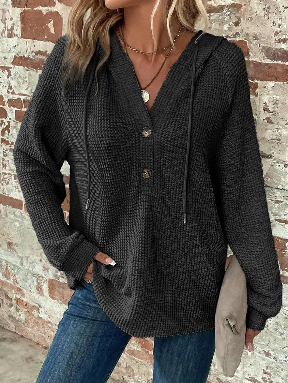 Sarah Express Women's Waffle Knit Long Sleeve Drawstring Hooded Top Black