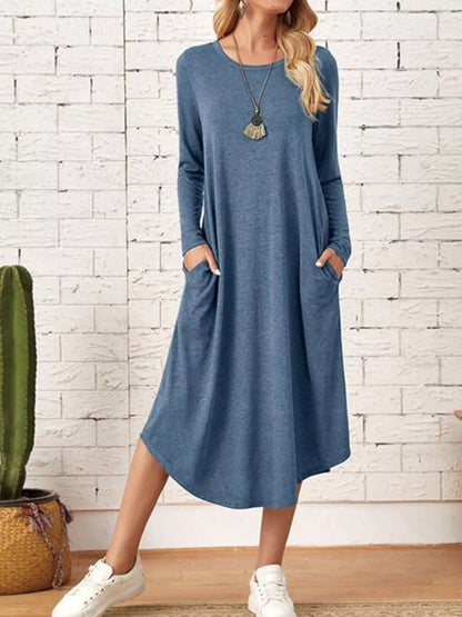 Sarah Express Women's Casual Long Sleeve Pocket Midi Dress French Blue
