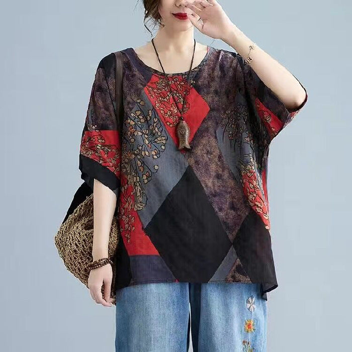 Sarah Express Women's Retro Print Round Neck T-Shirt Loose Fit Short Sleeve Cotton Blend Top