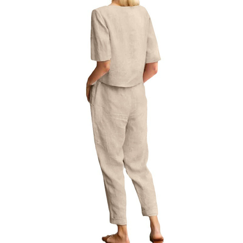 Sarah Express Women's Cotton Linen Top and Wide-Leg Pants Two-Piece Casual Set