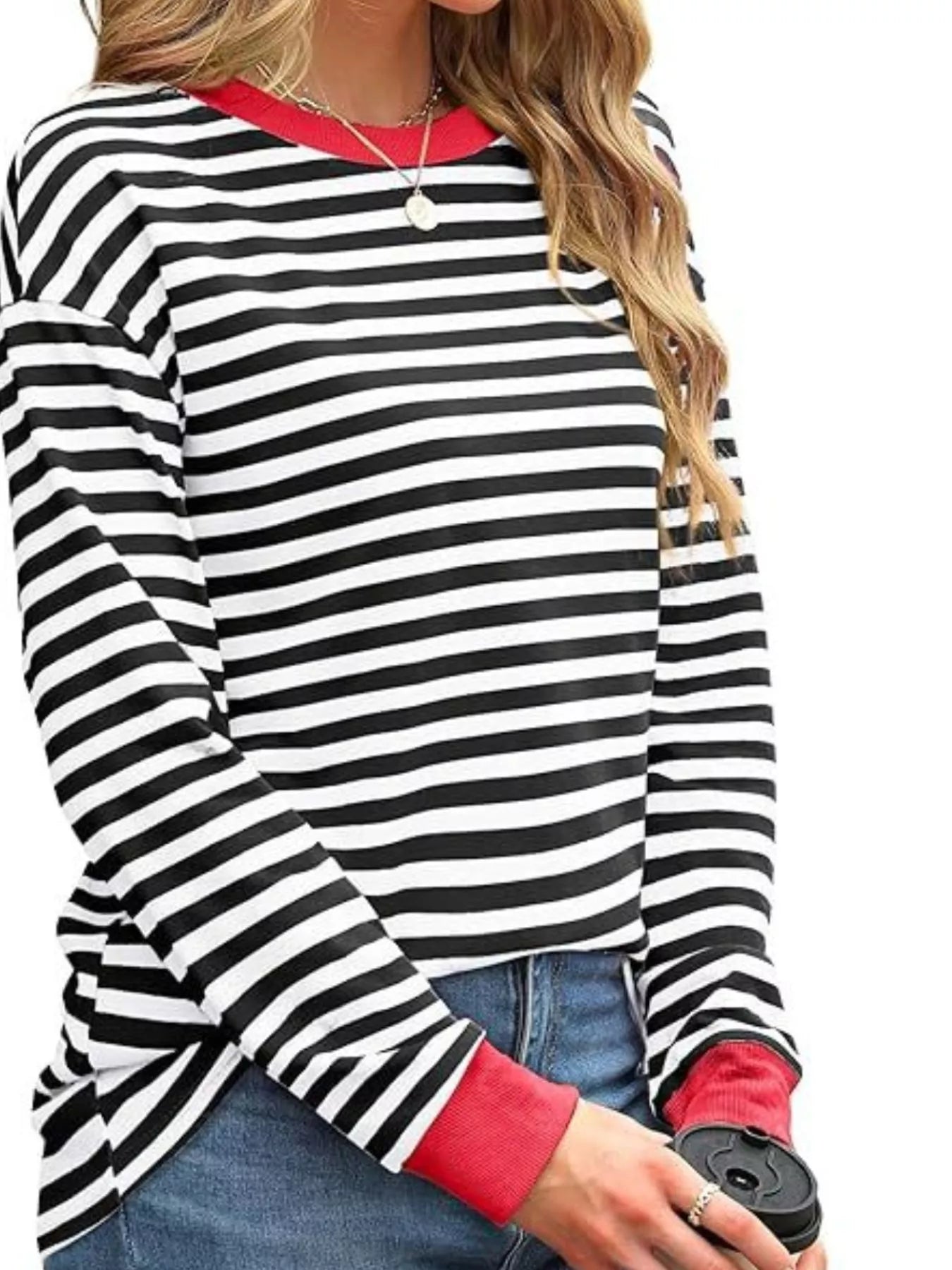 Sarah Express Women's Striped Long Sleeve Casual T-Shirt White