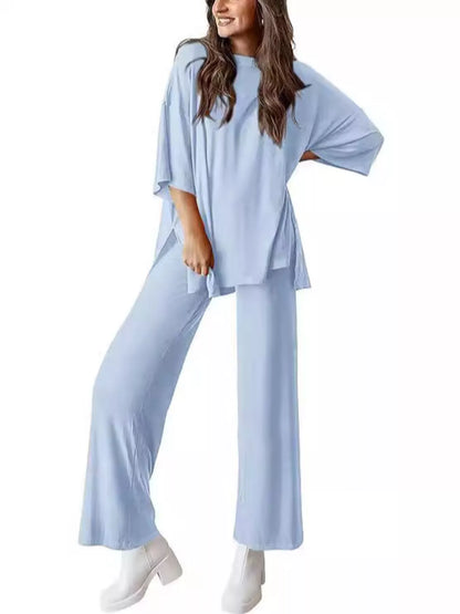 Sarah Express Relaxed Fit Round Neck Top and Pants Two-Piece Lounge Set Light Blue
