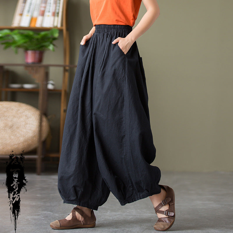 Sarah Express Women's Sand Washed Cotton Linen Bloomers Mid Waist Cropped Loose Pants
