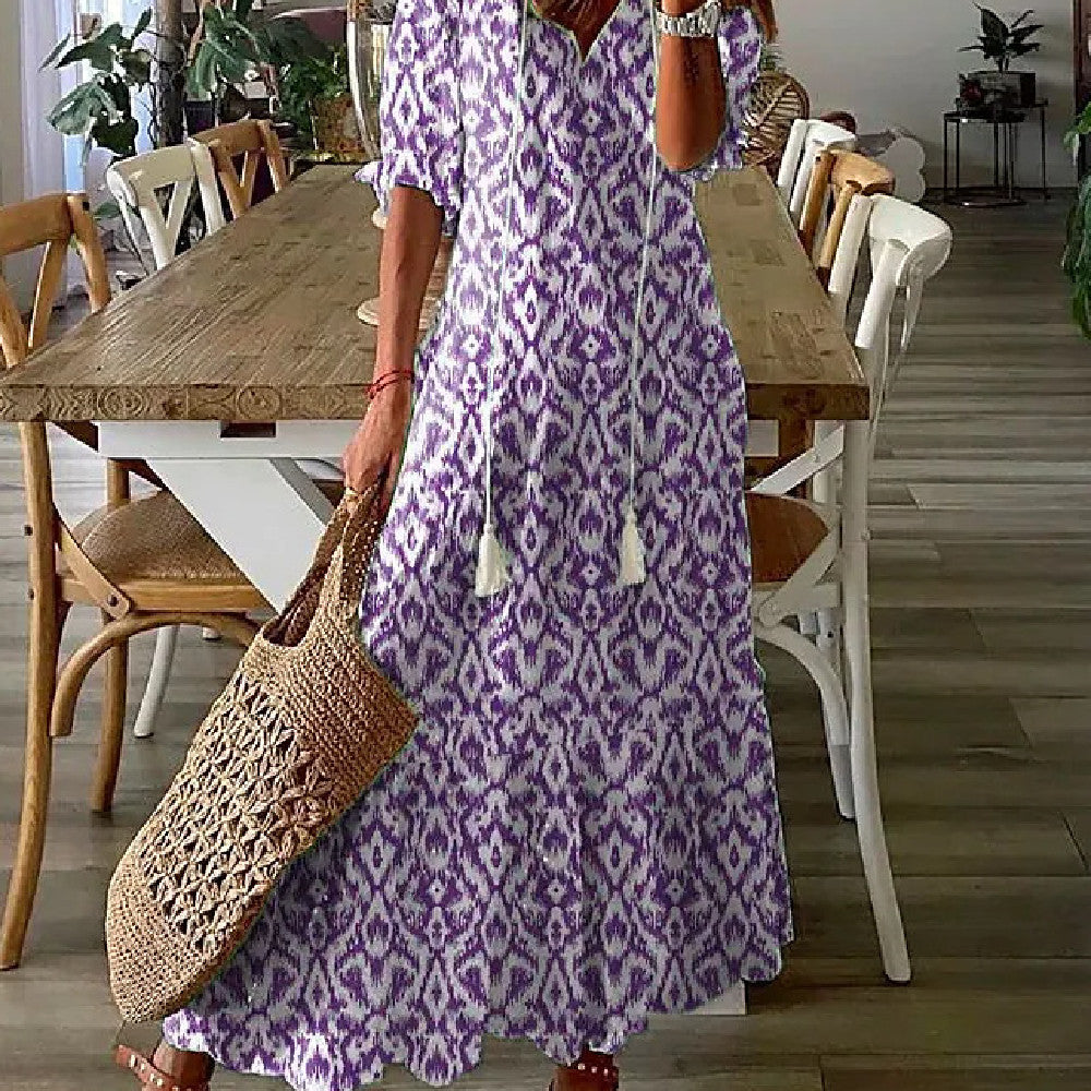 Sarah Express Women's Floral Print V-Neck Maxi Dress Short Sleeve A-Line Pullover