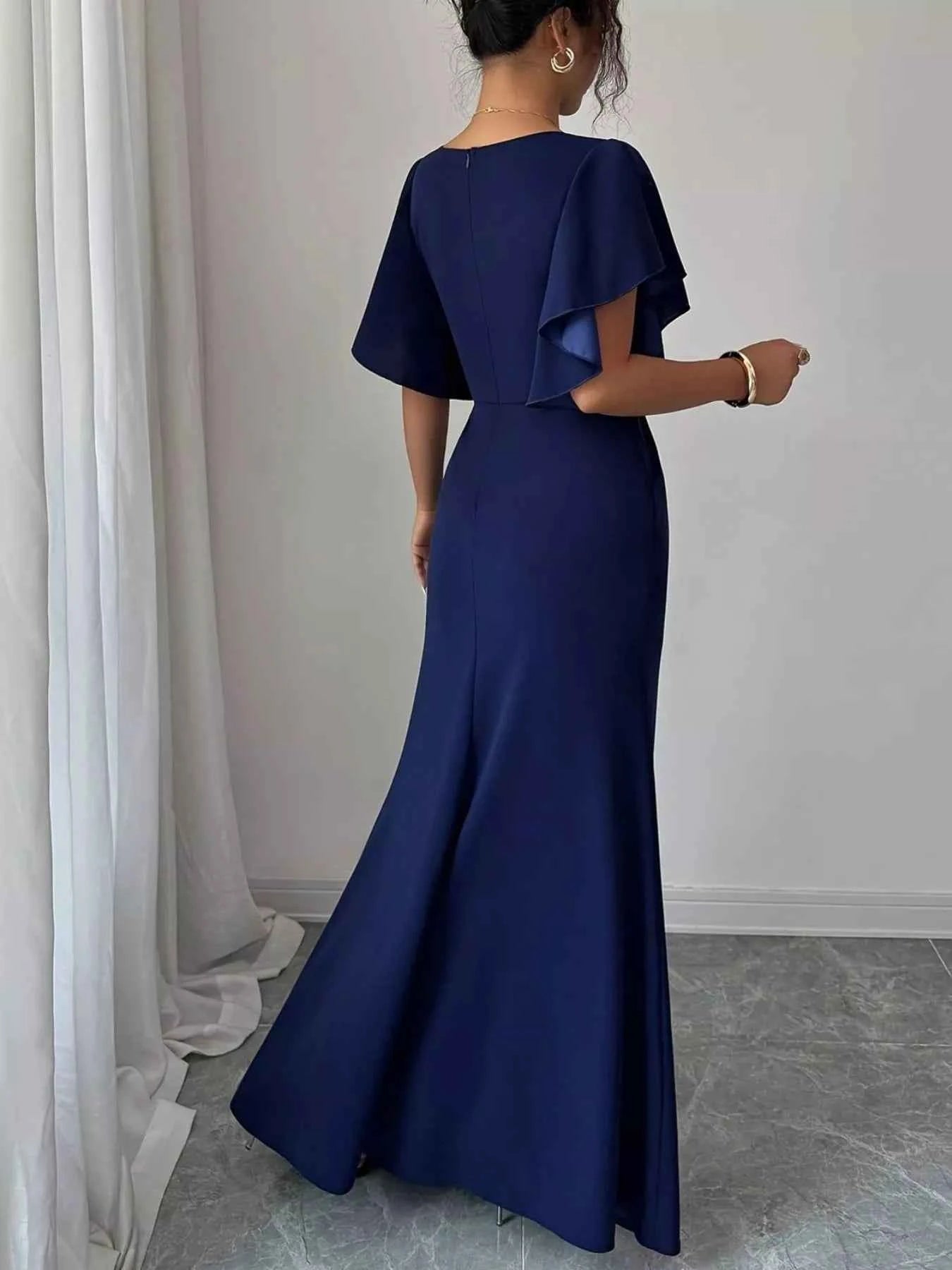 Sarah Express Women's Surplice Flutter Sleeve Maxi Dress - Ruched Slit Evening Dress