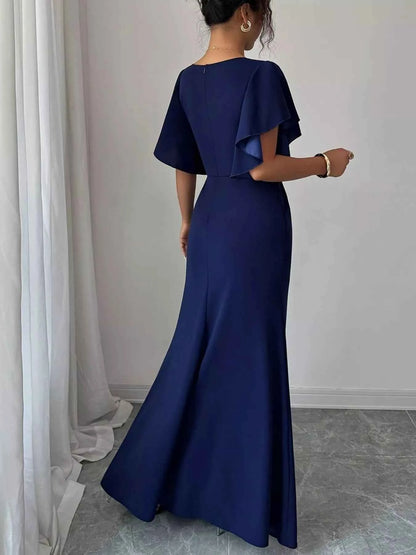 Sarah Express Women's Surplice Flutter Sleeve Maxi Dress - Ruched Slit Evening Dress