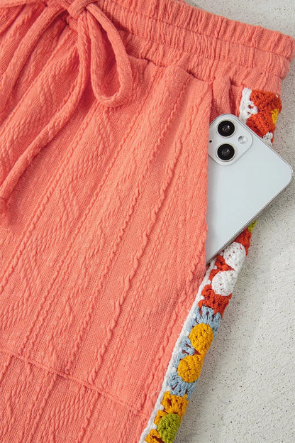 Sarah Express Women's Crochet Floral V-Neck Textured Top and Pants Two-Piece Set