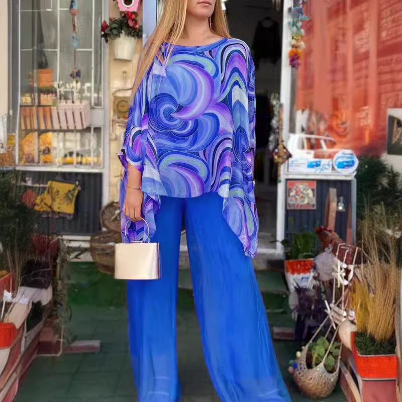 Sarah Express Printed Chiffon Two-Piece Set Round Neck 3/4 Sleeve Top Pants Suit
