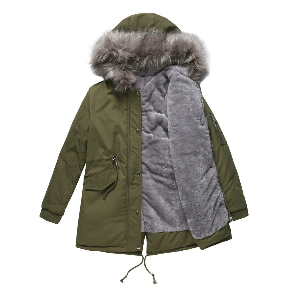 Sarah Express Women's Mid-Length Cotton Padded Hooded Parka Coat Loose Fit Winter Jacket