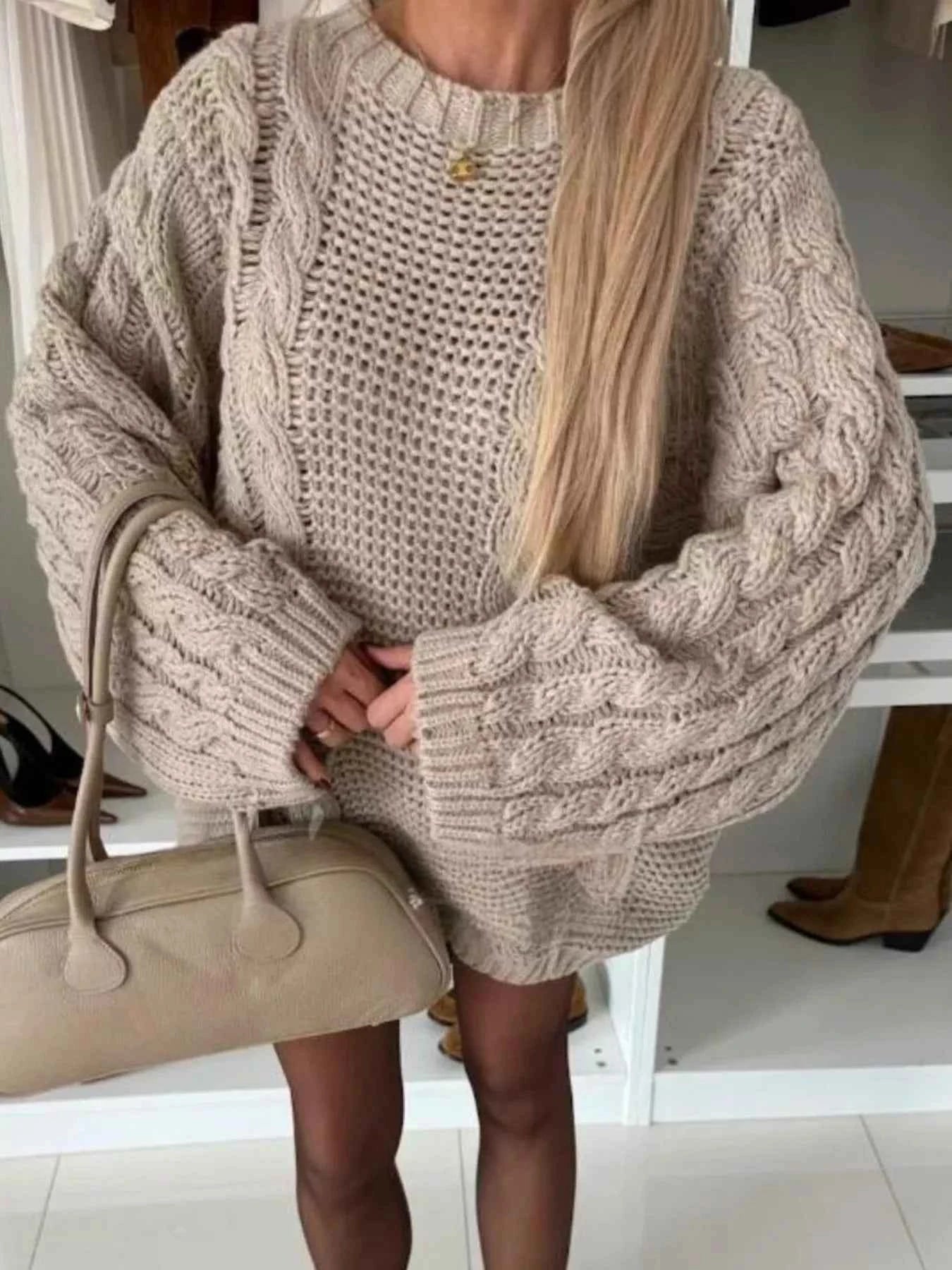 Sarah Express Women's Cable Knit Oversized Sweater Round Neck Long Sleeve Pullover Camel