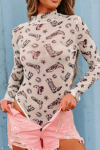 Sarah Express Women's Printed Mock Neck Long Sleeve Bodysuit White