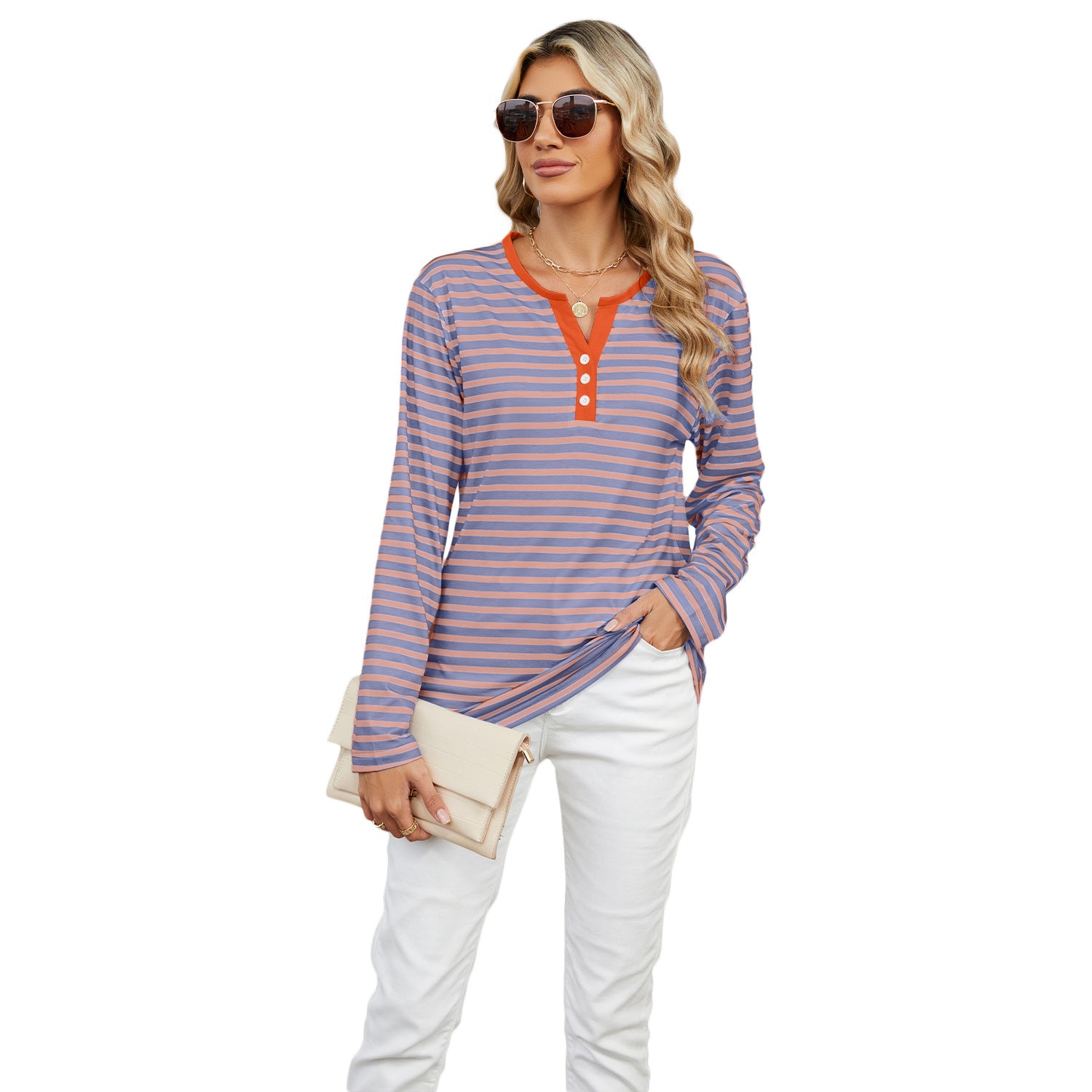 Sarah Express Women's V-Neck Striped Long Sleeve T-Shirt Loose Fit Casual Top