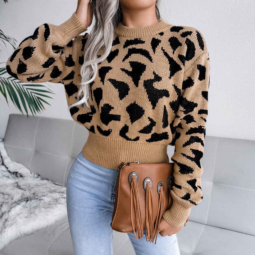 Sarah Express Women's Leopard Print Cropped Sweater - Cinched Knit Long Sleeve Top Khaki