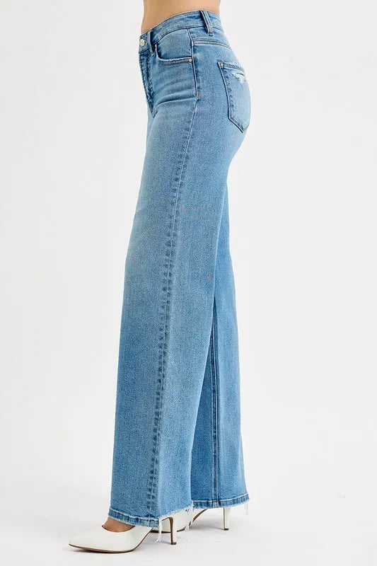 Sarah Express Women’s Plus Size High Rise Distressed Wide Leg Jeans
