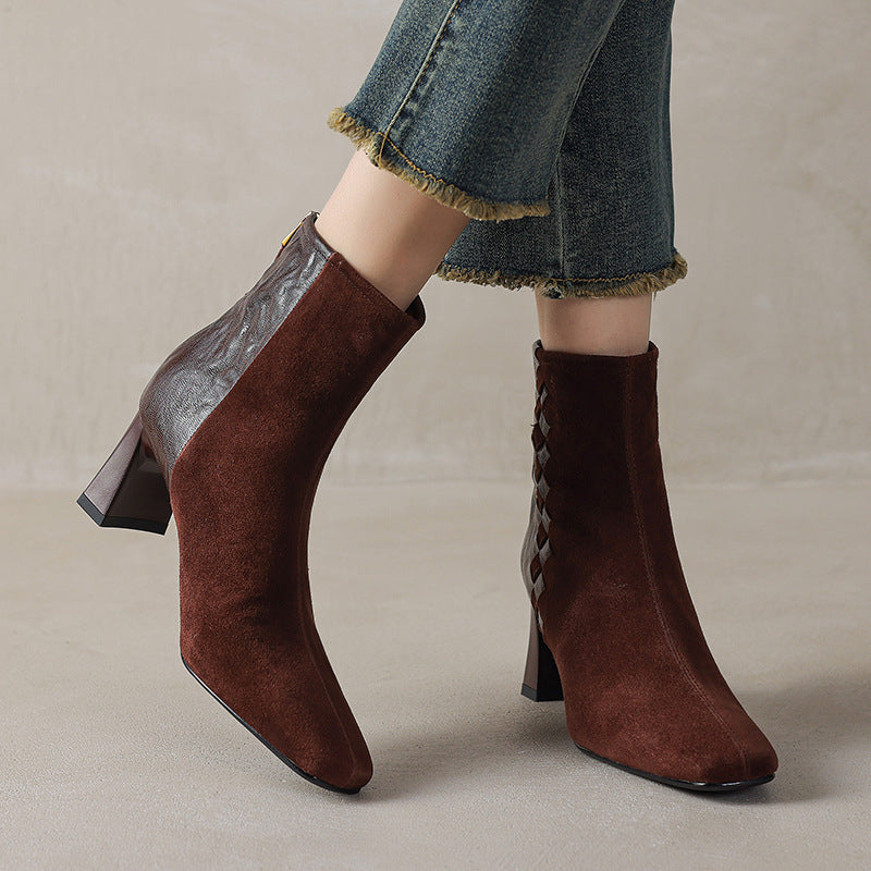 Sarah Express Women's Square Toe Chunky Heel Ankle Boots – Sheepskin Leather Patchwork