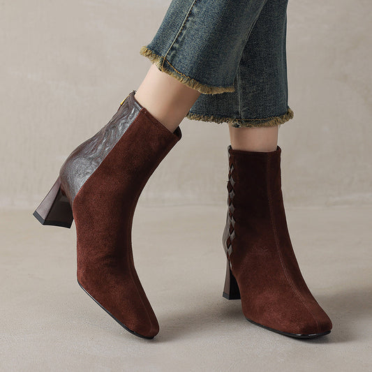 Sarah Express Women's Square Toe Chunky Heel Ankle Boots – Sheepskin Leather Patchwork