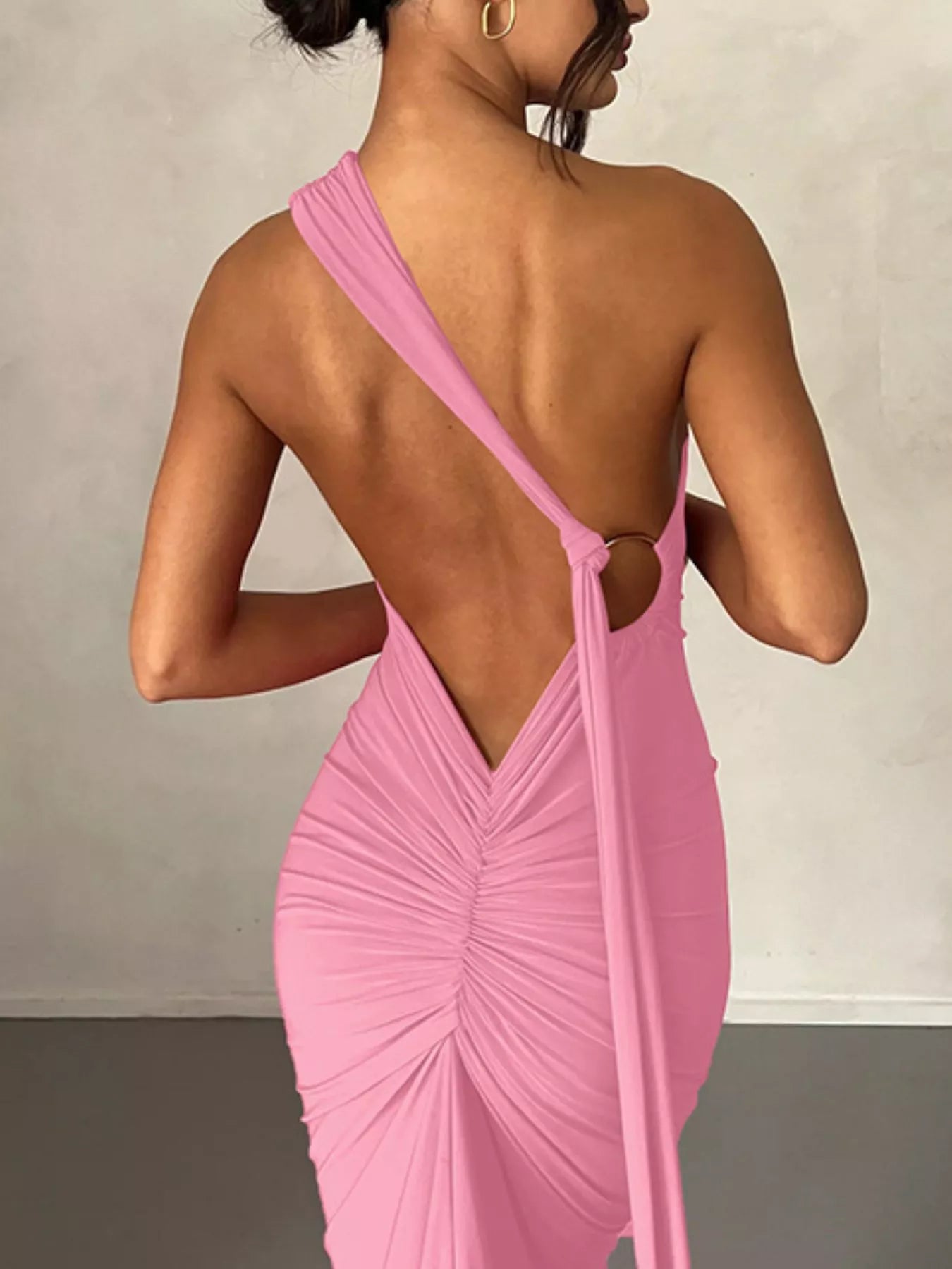 Sarah Express Women's Backless One-Shoulder Ruched Bodycon Maxi Dress Pink