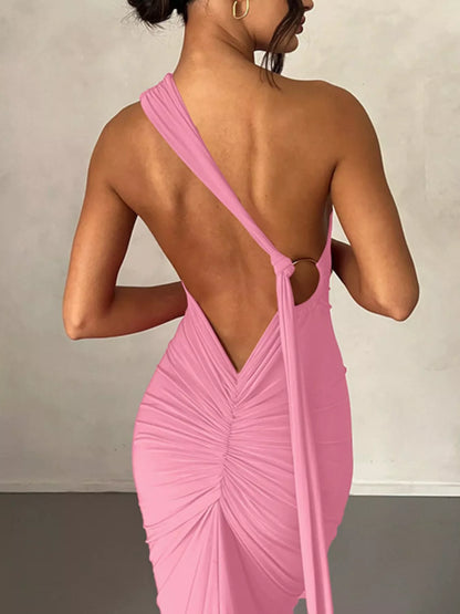 Sarah Express Women's Backless One-Shoulder Ruched Bodycon Maxi Dress Pink
