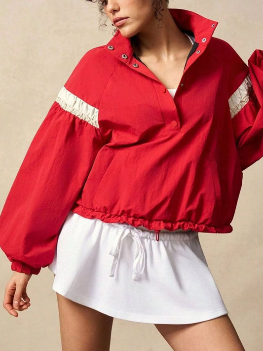 Sarah Express Women's Half Snap Drawstring Hem Sweatshirt Red