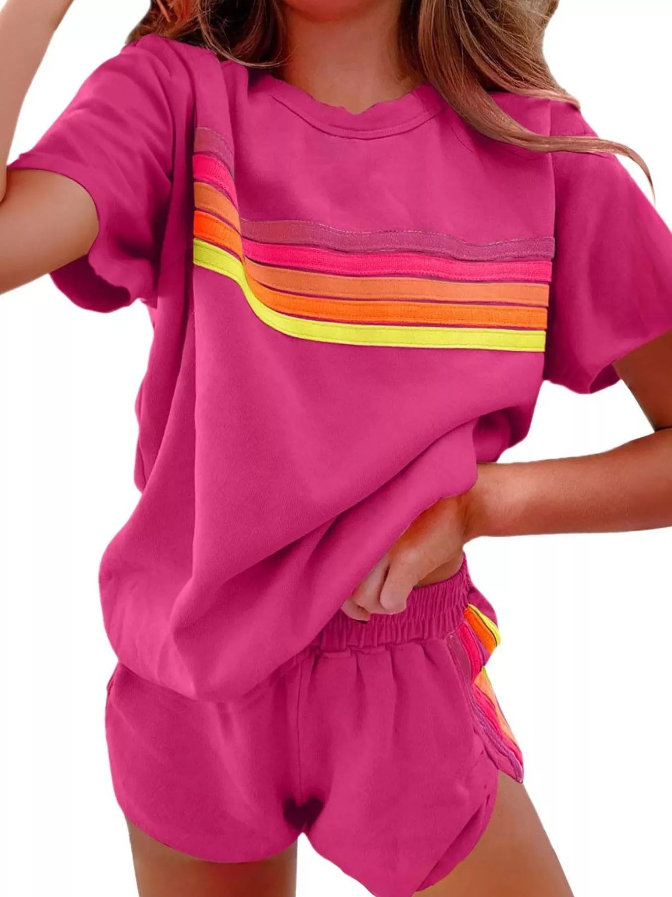 Sarah Express Women's Rainbow Striped Two Piece Set - Round Neck Top & Shorts Lounge Set Rose Red Suit