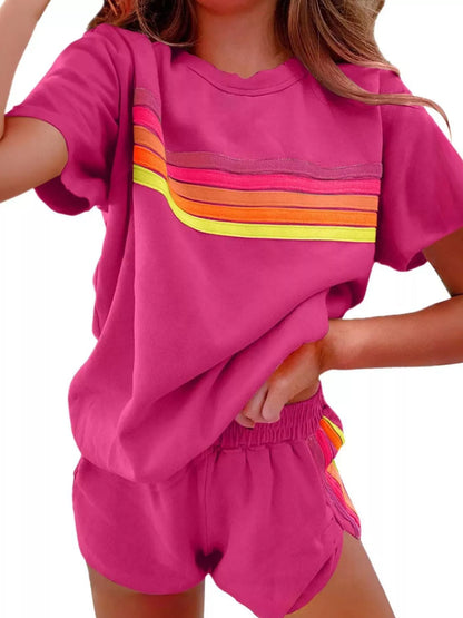 Sarah Express Women's Rainbow Striped Two Piece Set - Round Neck Top & Shorts Lounge Set Rose Red Suit