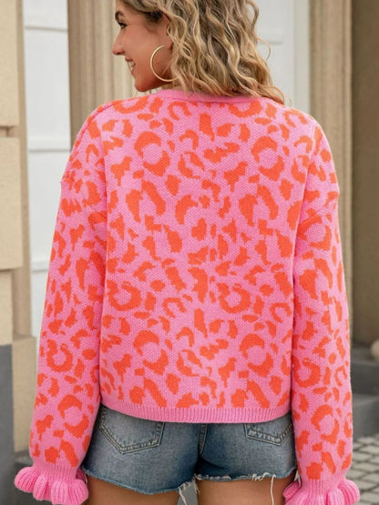 Sarah Express Women's Leopard Print Tie-Front Cardigan with Ruffle Trim