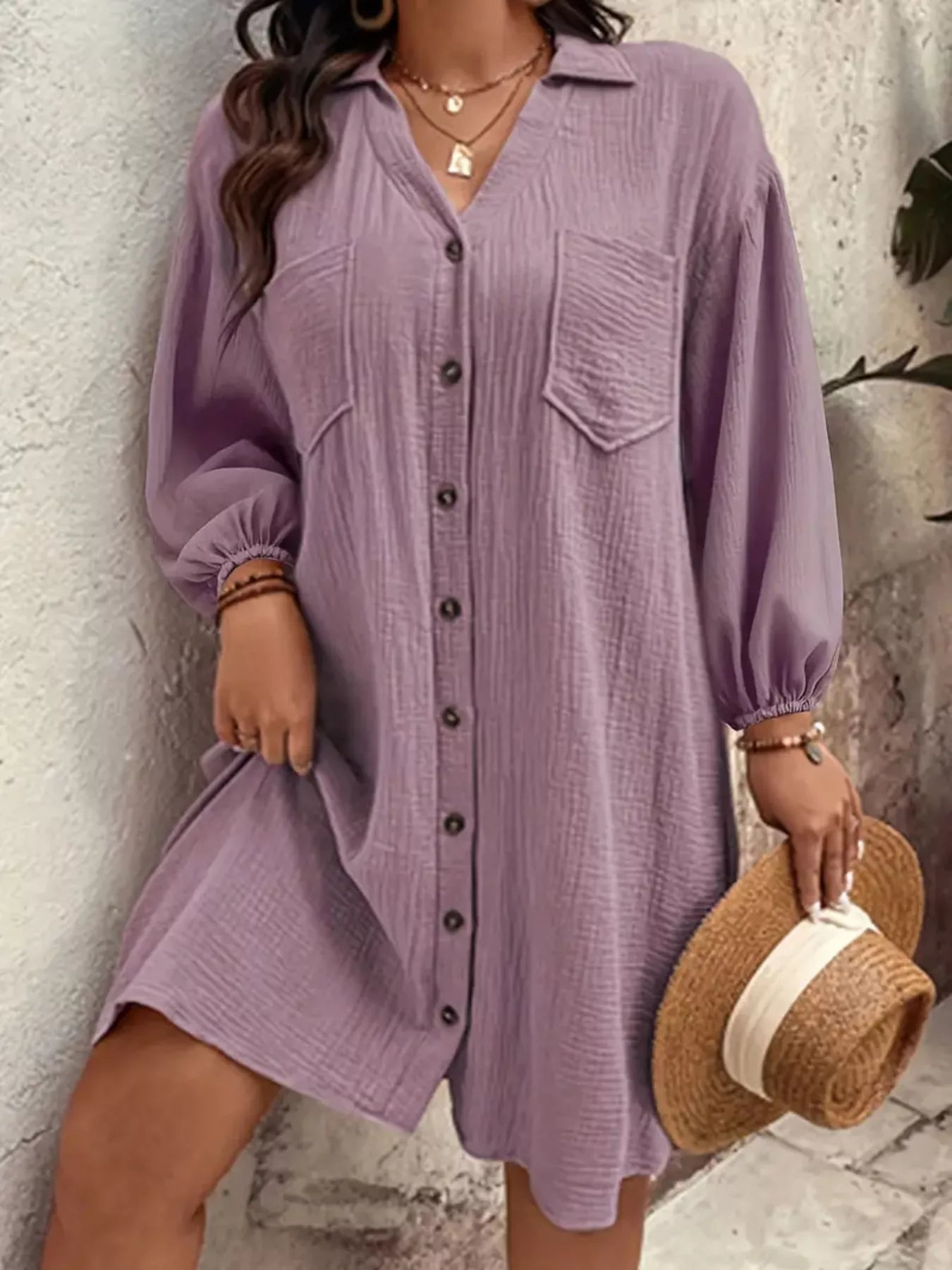 Sarah Express Women's Plus Size Casual Button-Down Shirt Dress Purple