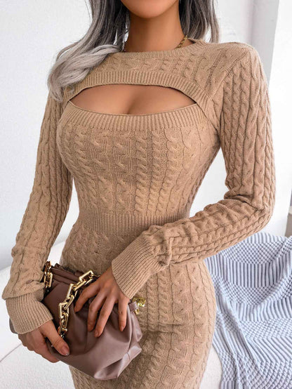 Sarah Express Women's Sexy Hollow Out Cable Knit Cinched Bodycon Sweater Dress
