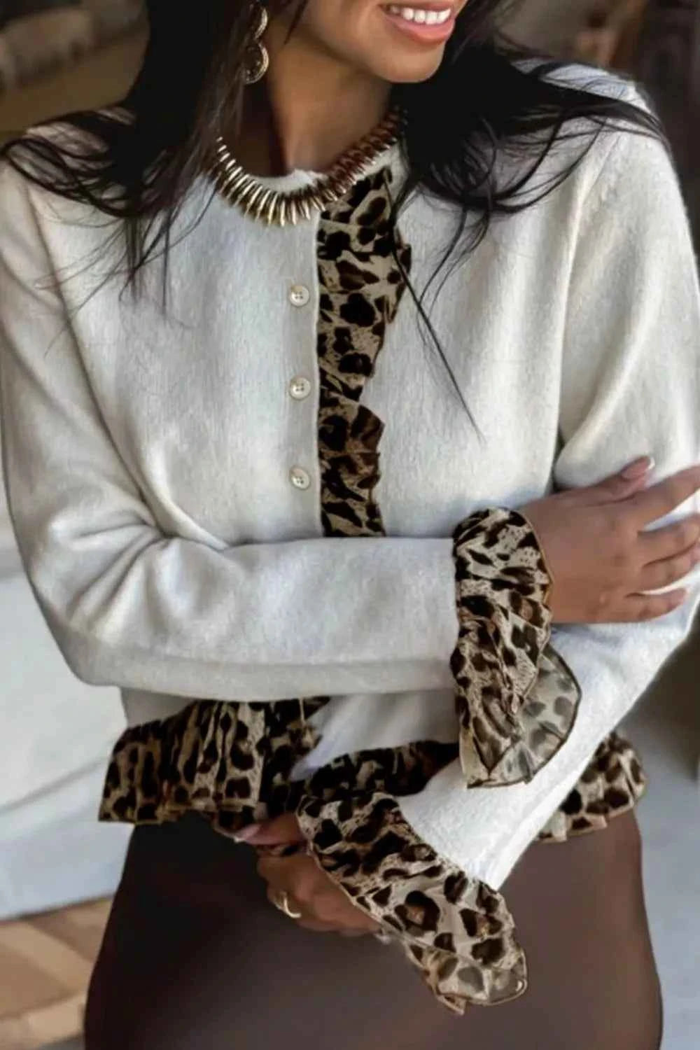Leopard Trim Ruffle Cardigan