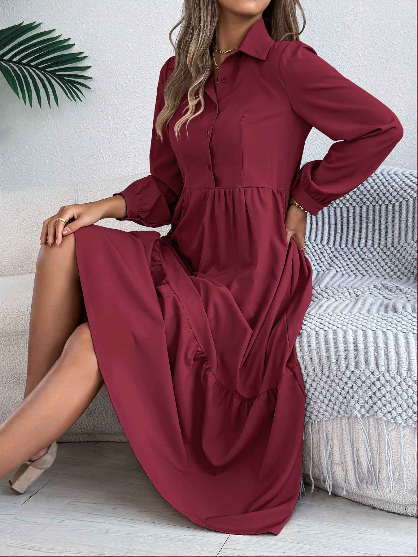 Sarah Express Women's Lapel Ruffled Shirt Dress - Long Sleeve Casual Blouse Dress