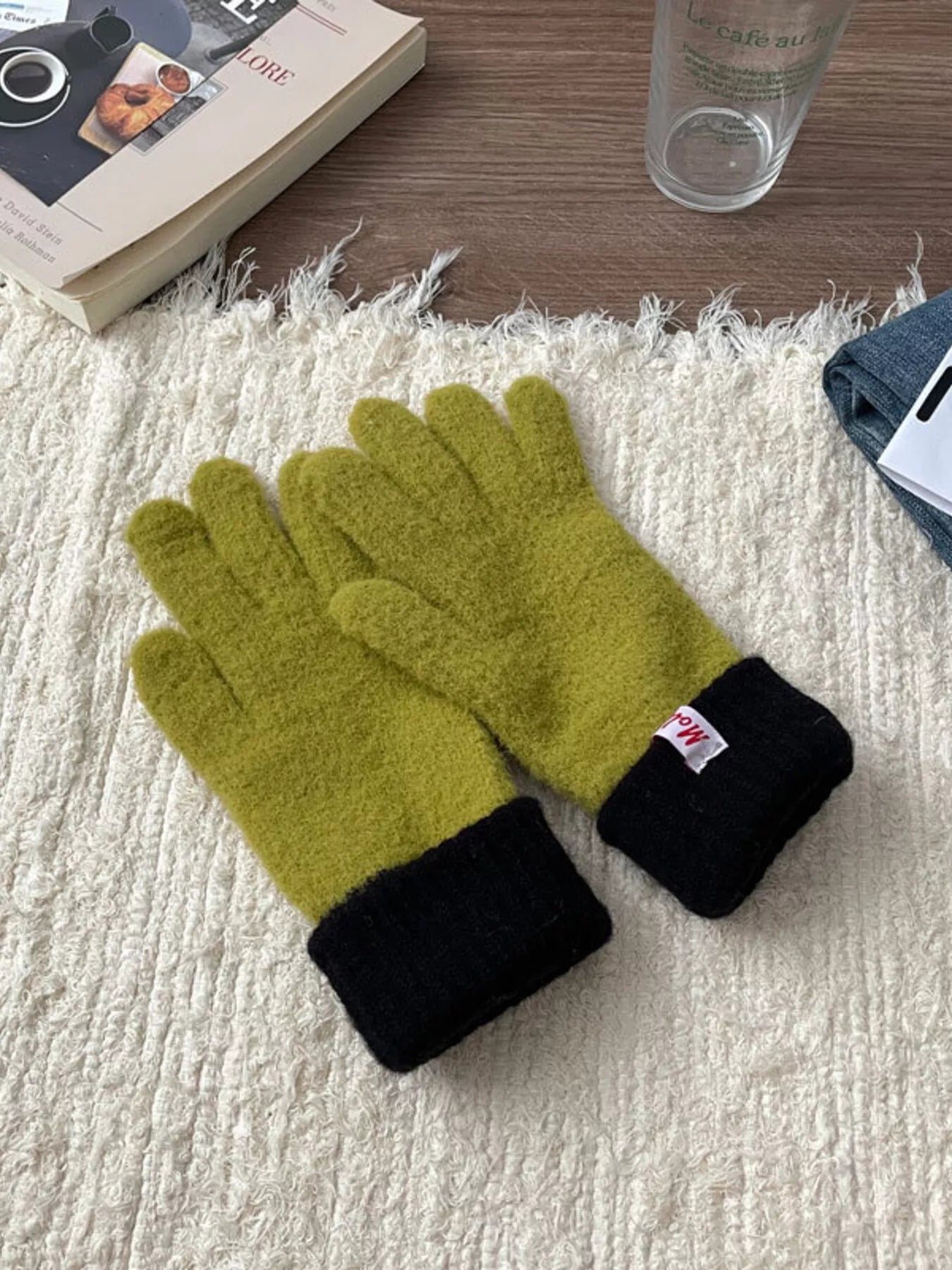 Sarah Express Women's Cozy Knit Gloves with Ribbed Cuff Mustard Green ONESIZE