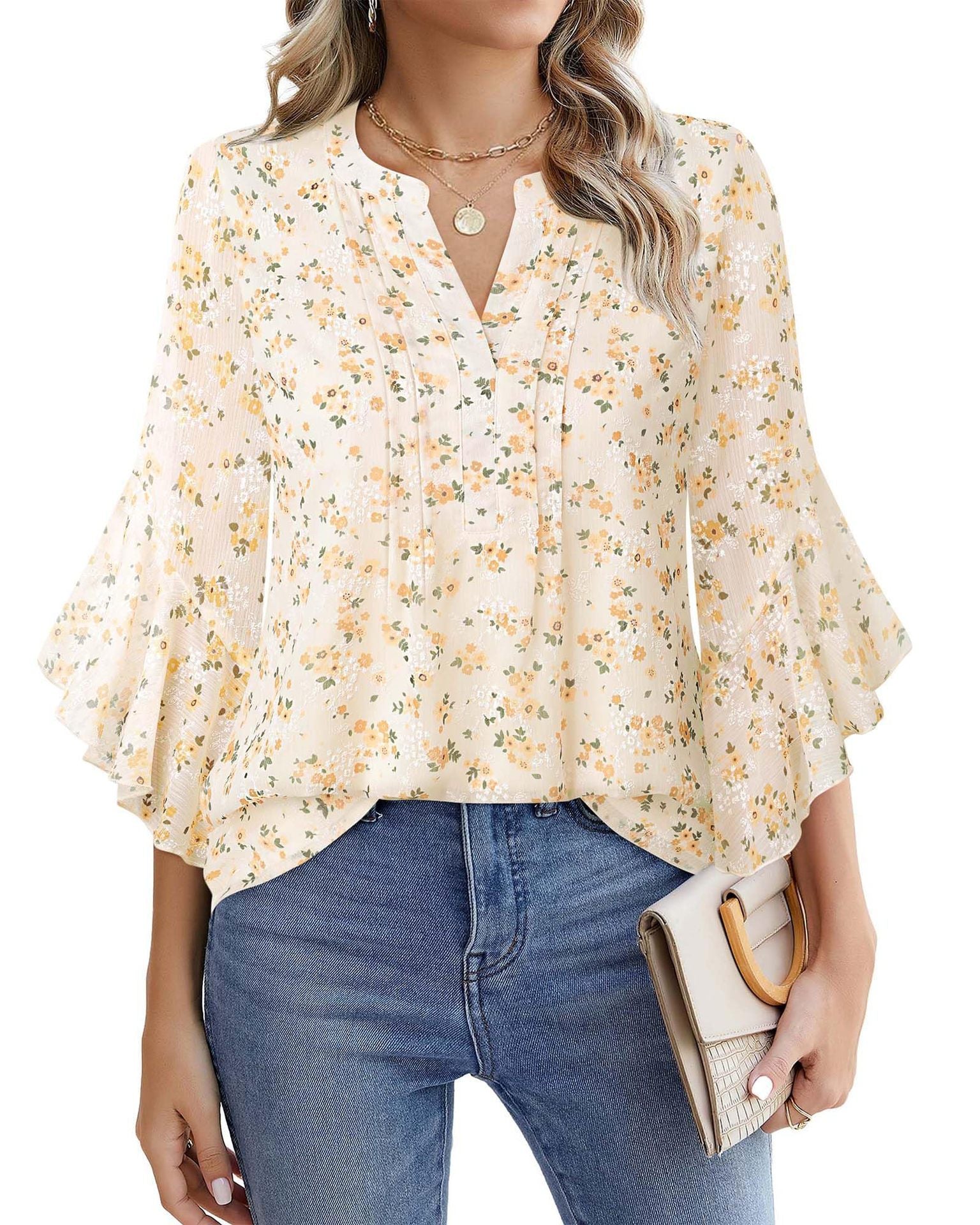 Sarah Express Women's Lotus Leaf Ruffle Sleeve Pullover Top Loose Fit 3/4 Sleeve