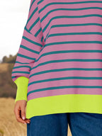 Sarah Express Women's Striped Round Neck Long Sleeve Sweater - Oversized Fit