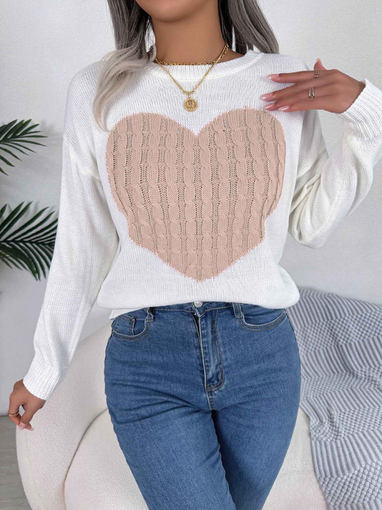 Sarah Express Women's Cable Knit Heart Pattern Pullover Sweater Long Sleeve Pink