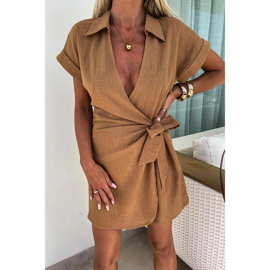 Sarah Express Lace-Up Collar Jumpsuit Romper Shorts Casual Vacation One Piece