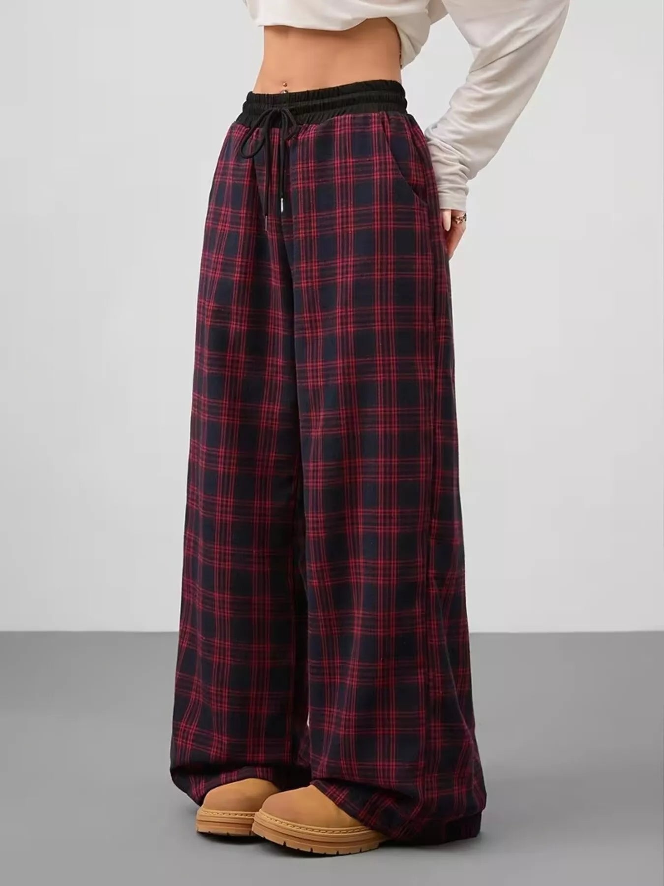 Sarah Express Women's Plaid Wide Leg Pants with Drawstring and Pockets