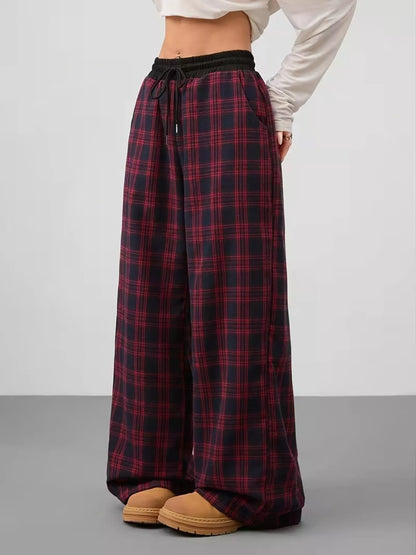 Sarah Express Women's Plaid Wide Leg Pants with Drawstring and Pockets