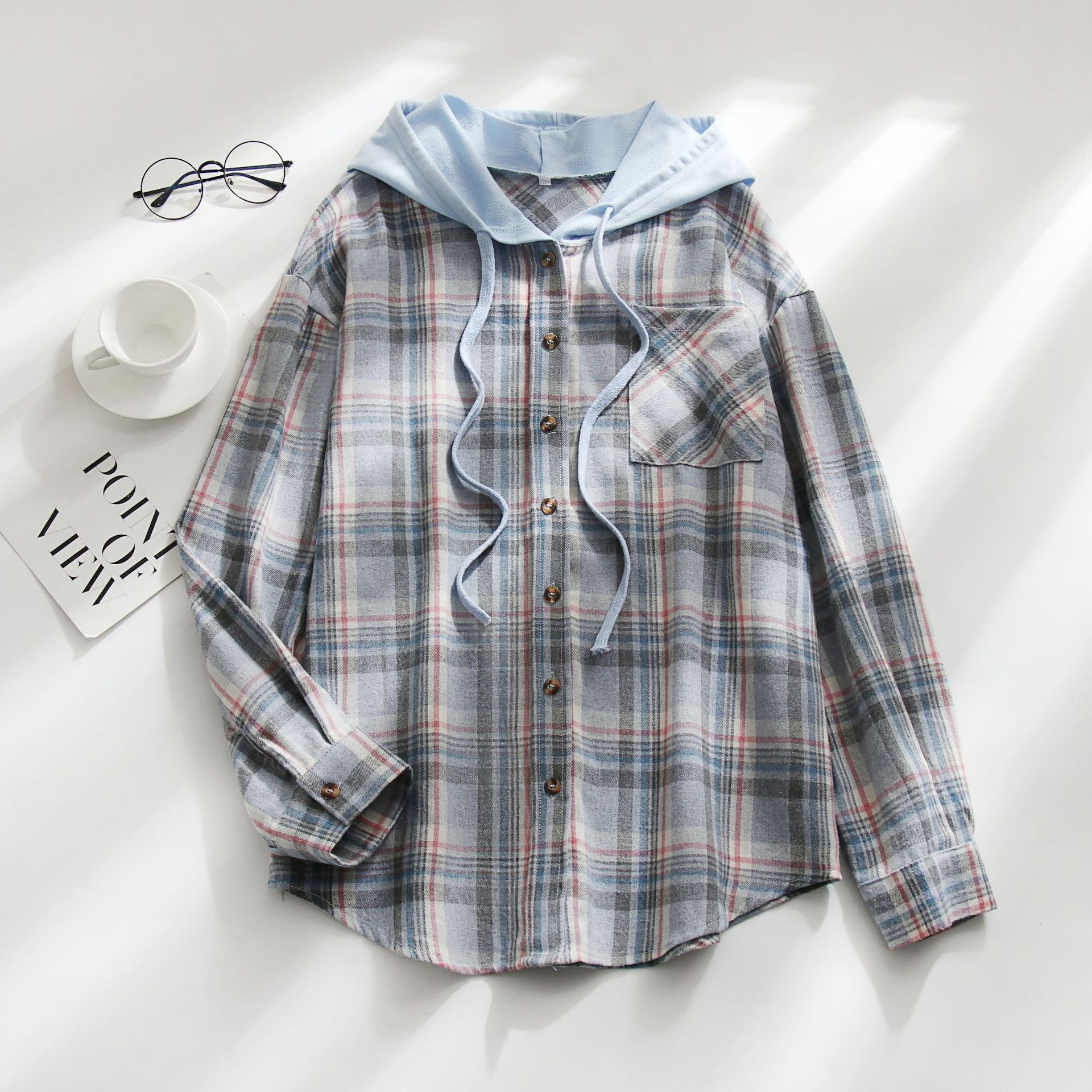 Sarah Express Women's Plaid Hooded Shirt Jacket Casual Loose Fit Pullover Top