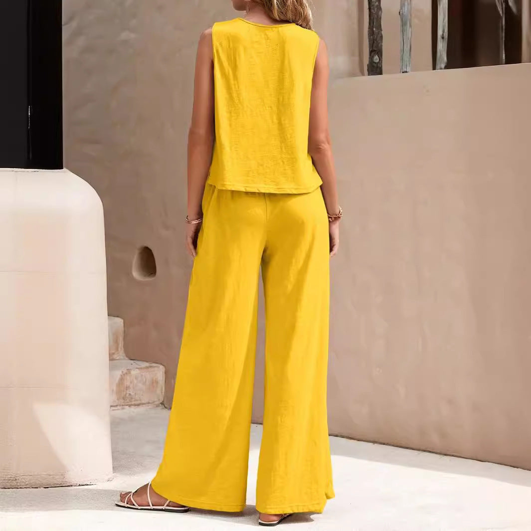 Sarah Express Women's Sleeveless Round Neck Top & Pants Two Piece Casual Set Street Style