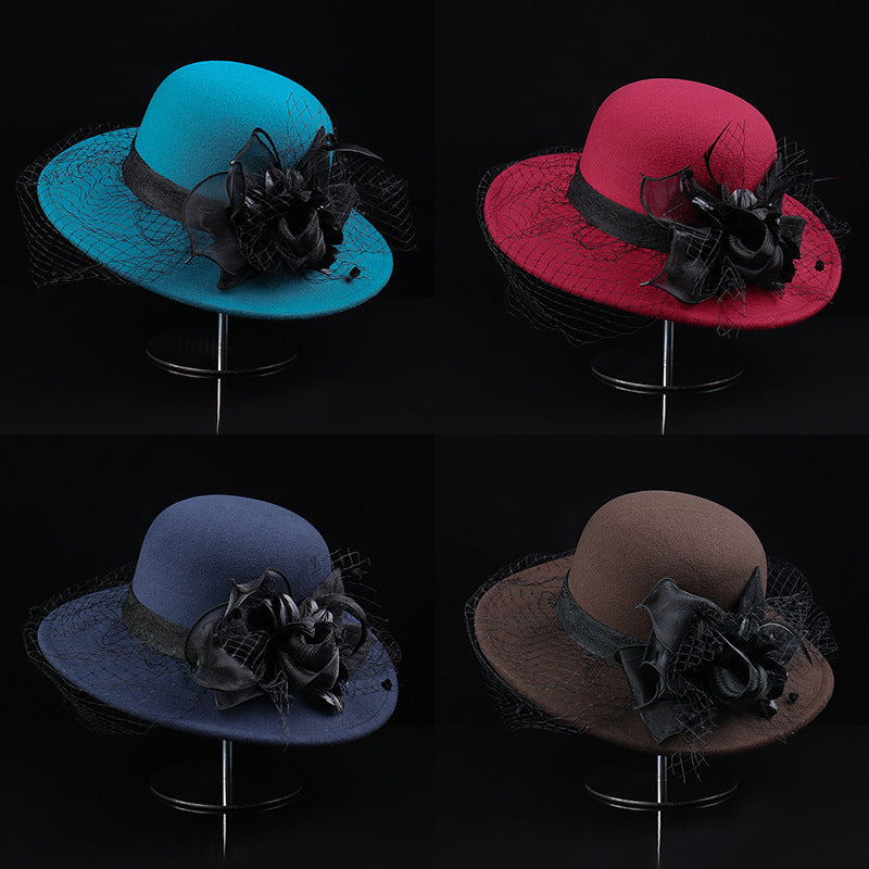 Sarah Express Women's Woolen Cloche Hat Floral Net Veil Dome Style