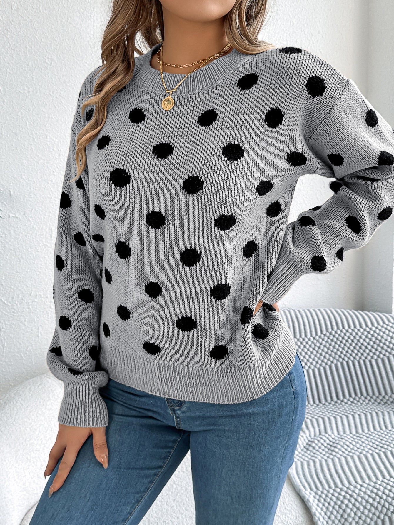 Sarah Express Women's Casual Color Block Polka Dot Pullover Sweater - Long Sleeve Knit Top