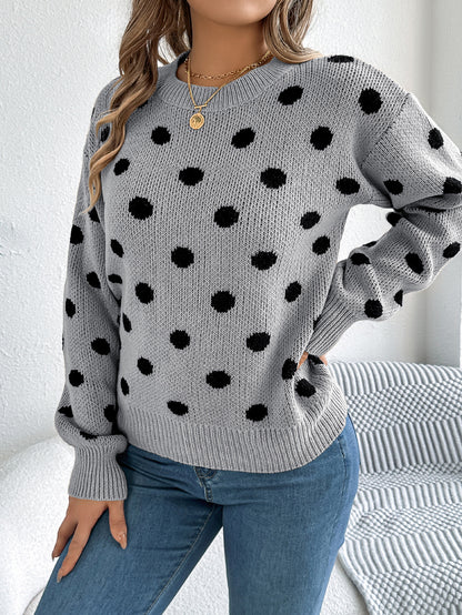 Sarah Express Women's Casual Color Block Polka Dot Pullover Sweater - Long Sleeve Knit Top