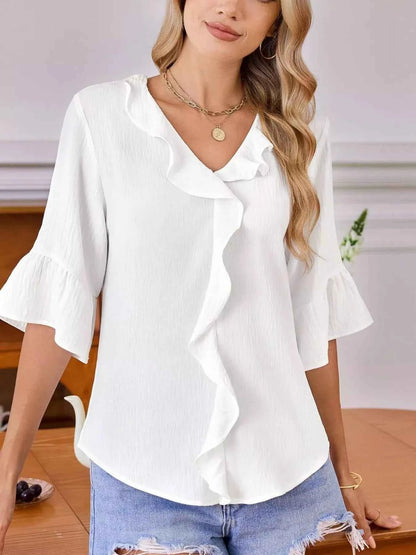 Sarah Express Women's Ruffled Flounce Sleeve Blouse - Elegant Polyester Top