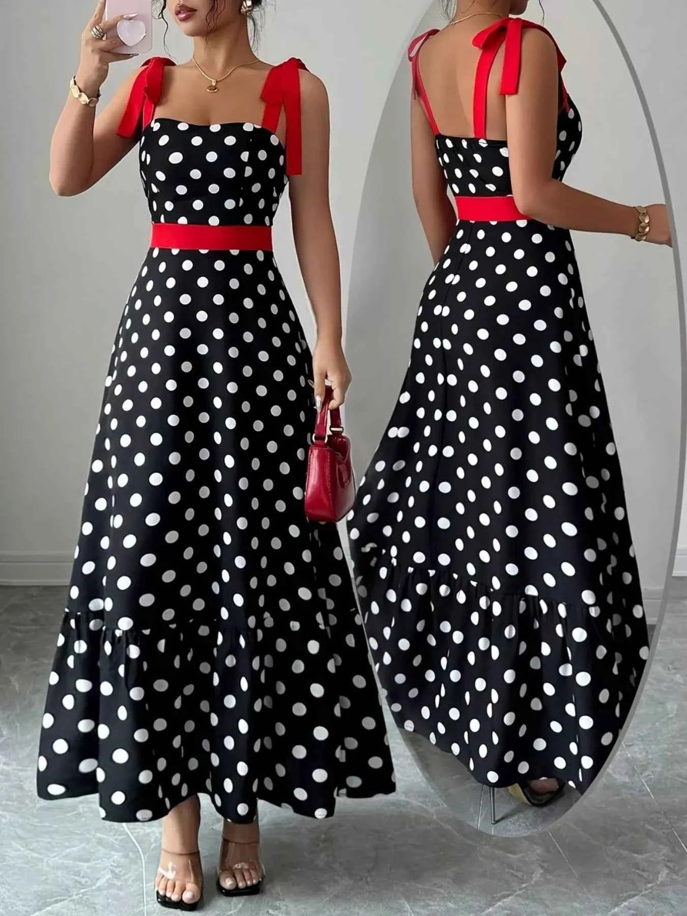 Sarah Express Women's Polka Dot Tie Strap Maxi Dress - Sleeveless Summer Dress