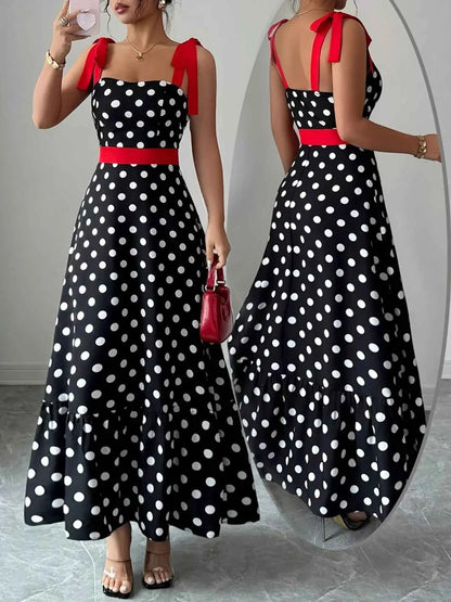 Sarah Express Women's Polka Dot Tie Strap Maxi Dress - Sleeveless Summer Dress