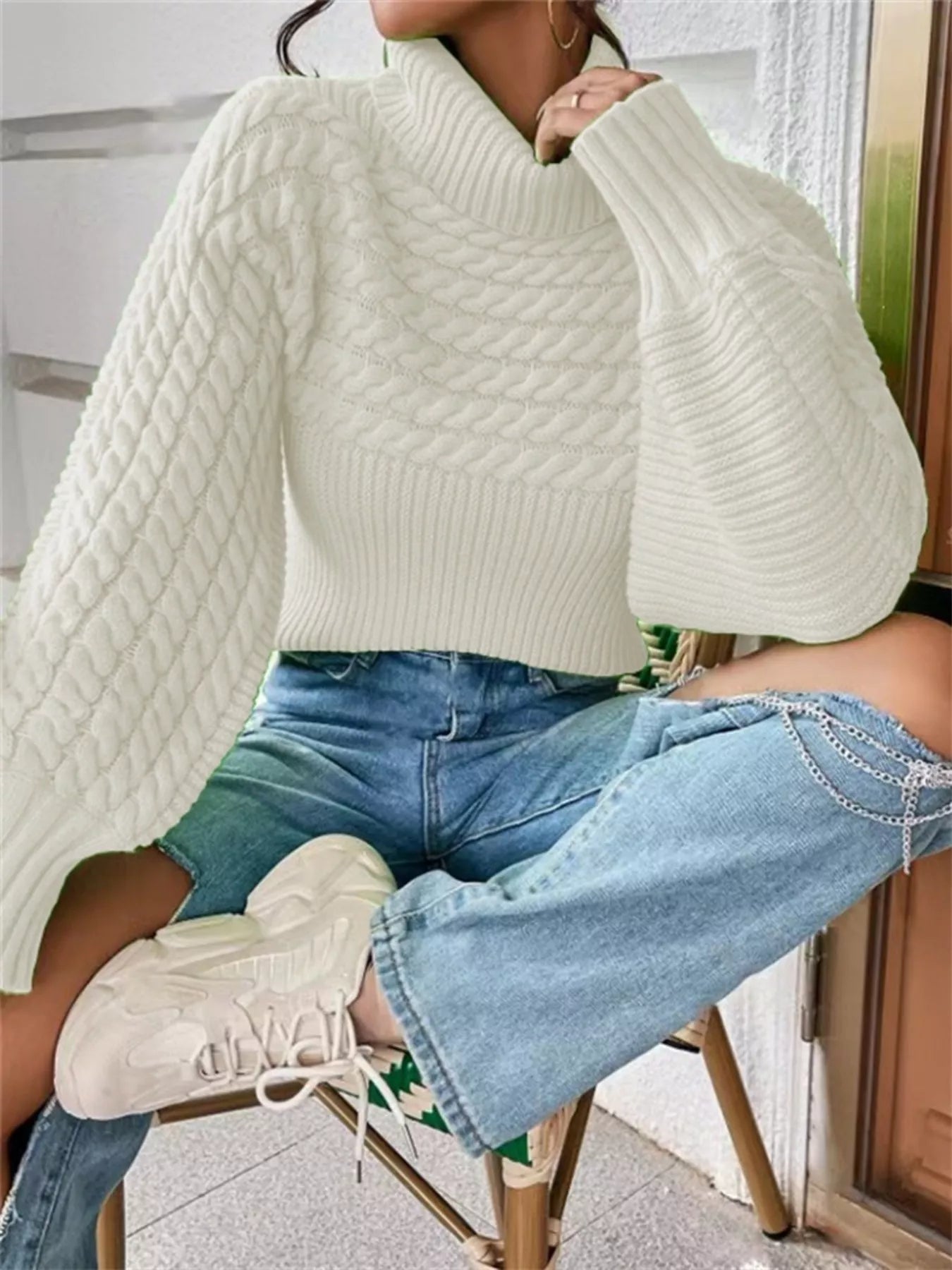 Sarah Express Women's Cable Knit Turtleneck Sweater - Long Sleeve Plus Size White