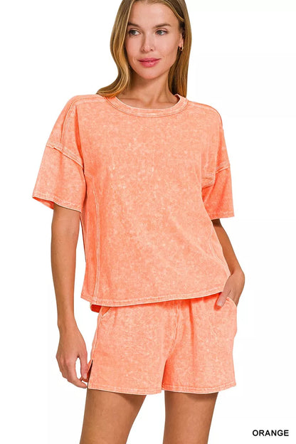 Sarah Express Women's Snow Washed Short Sleeve Tee and Shorts Set ORANGE