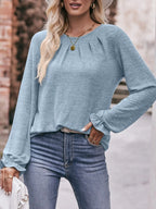 Sarah Express Women's Round Neck Long Sleeve Ruched Casual T-Shirt Light Blue
