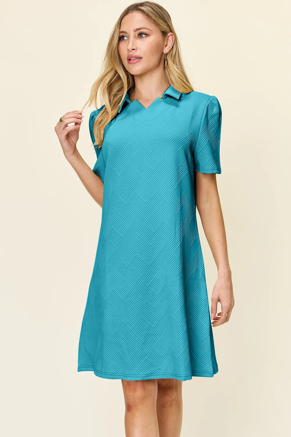Sarah Express Women's Textured Collared Neck Short Sleeve Dress